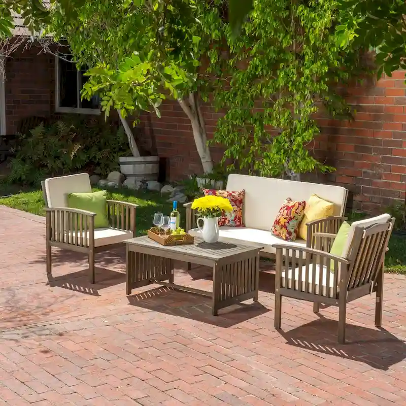 4-Piece Wood Patio Conversation Set with Acacia Wood Table and Cushions