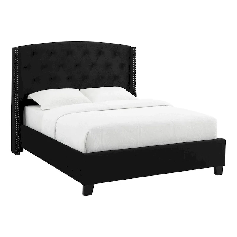 Elle King Size Bed, Low Profile, Button Tufted Upholstered Headboard, Black