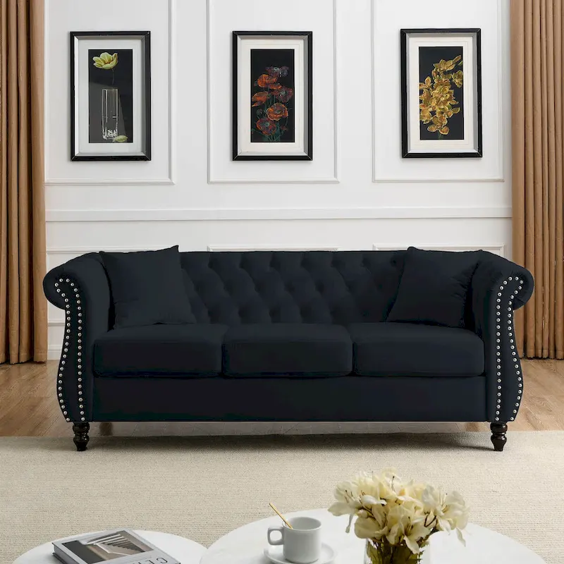 3-Seater Chesterfield Upholstered Tufted Sofa with Rolled Arms and Nailhead