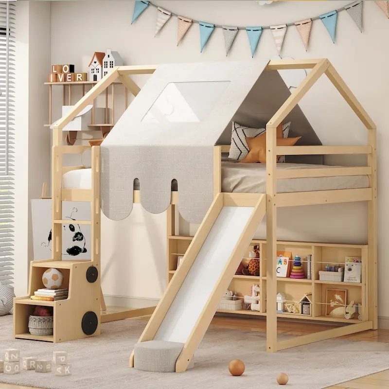 Solid Wood Loft Bed with Tent and Car Shaped Cabinet, Twin/Full Size Loft Bedframe with Storage Shelves and Roof Frame