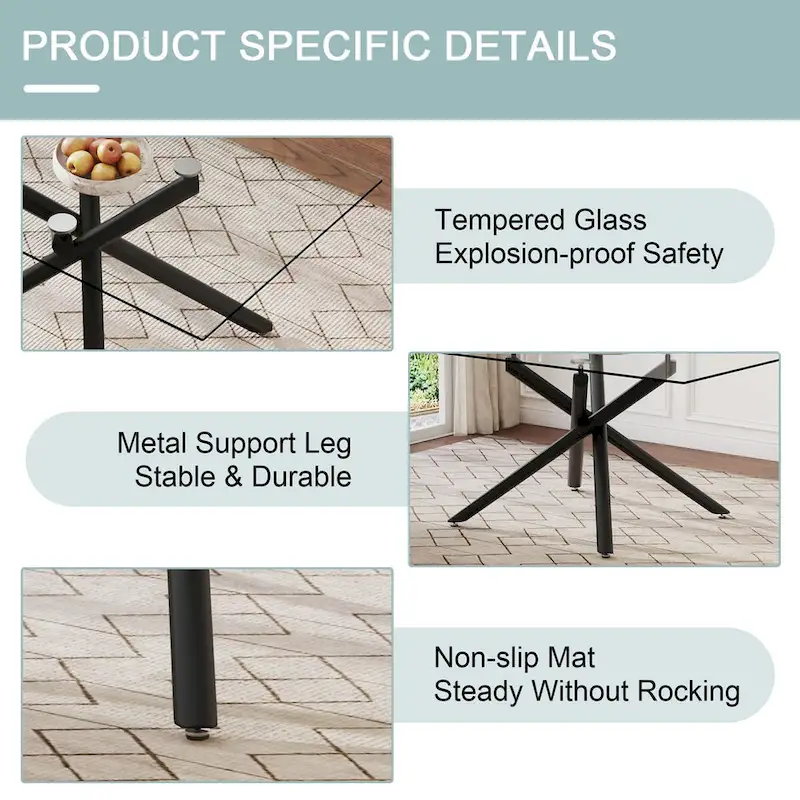 Rectangular Glass Dining Table with Black Metal Legs - 6-8 Person