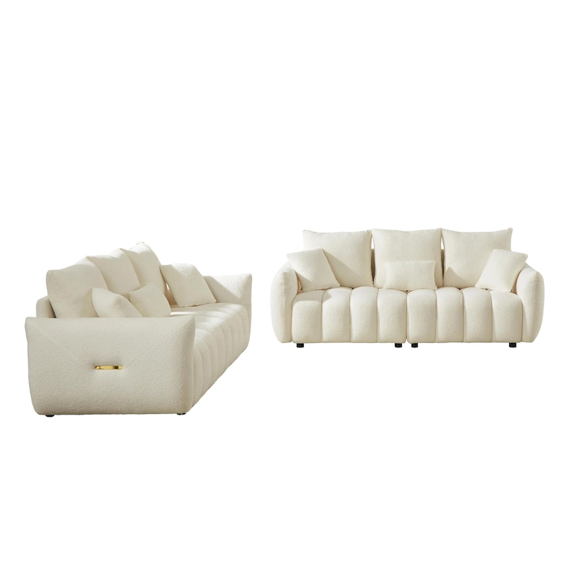 2-Pieces 6-Seat Teddy Fabric Sectional Sofa Set (3+3) with Wooden Frame & 6 Pillows