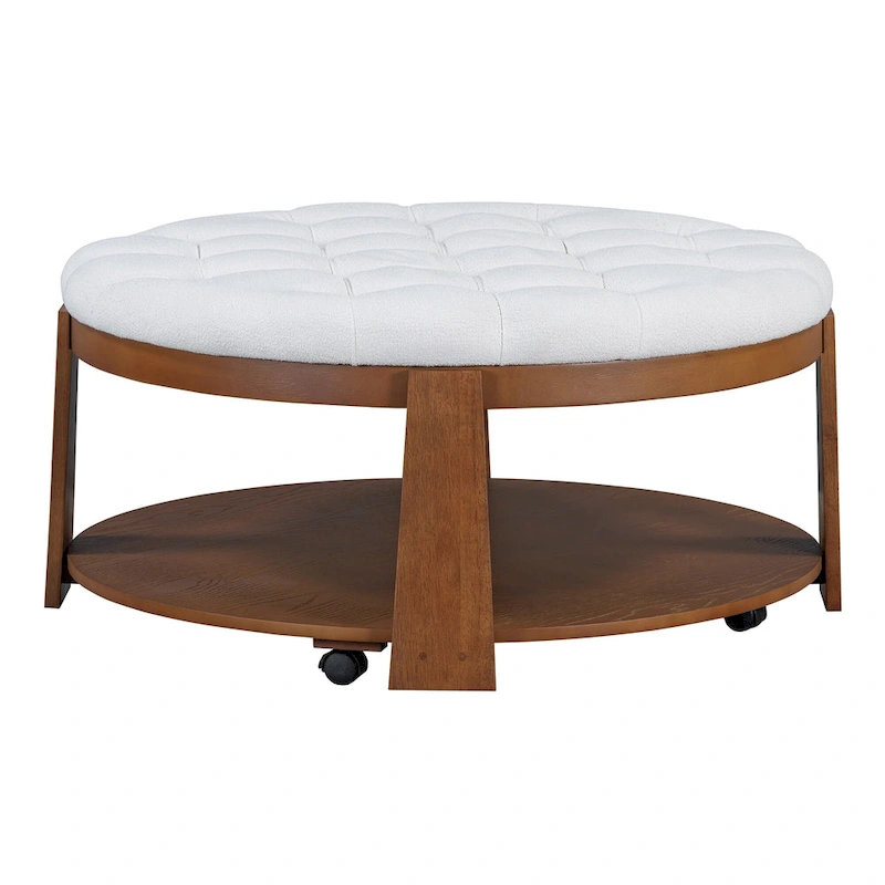 36  Round Button Tufted Upholstered Coffee Table with Wood Shelf and Wheel