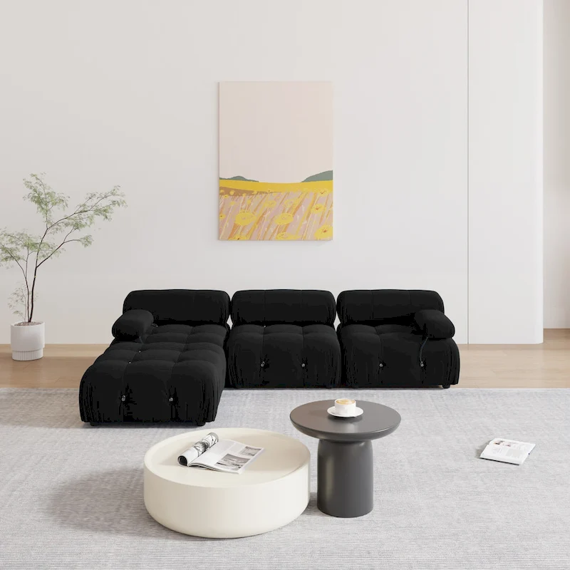 Black Velvet Upholstered Sectional Sofa