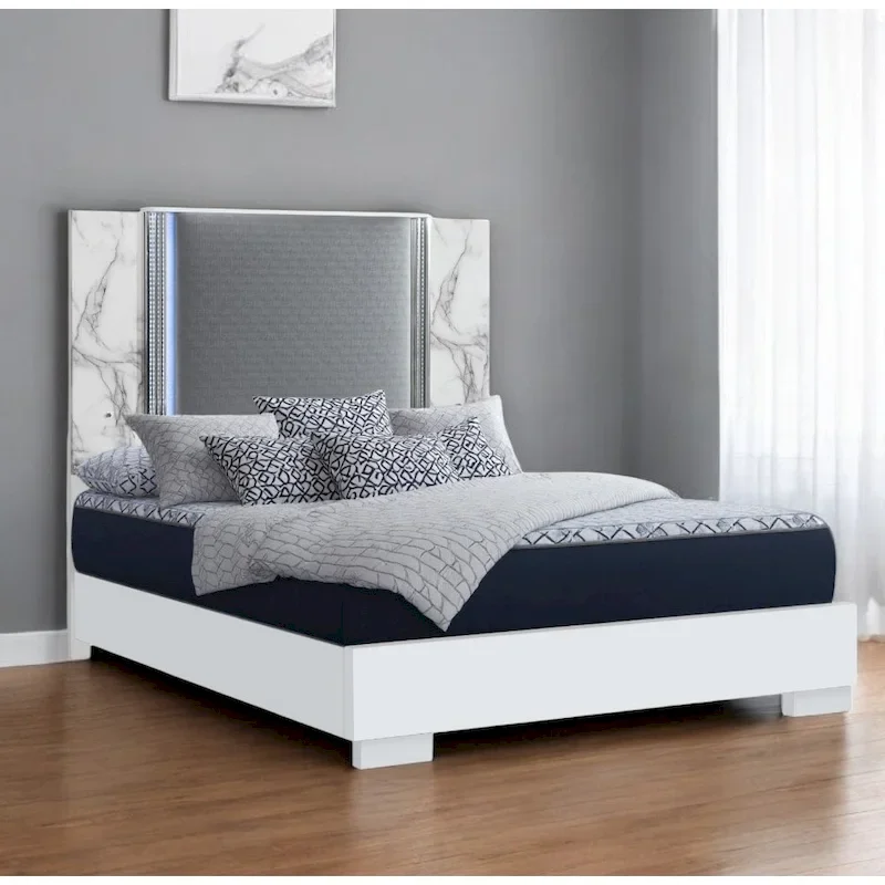 White / Gray Faux Leather Upholstered King Bed Frame with LED Headboard – Single or Couple