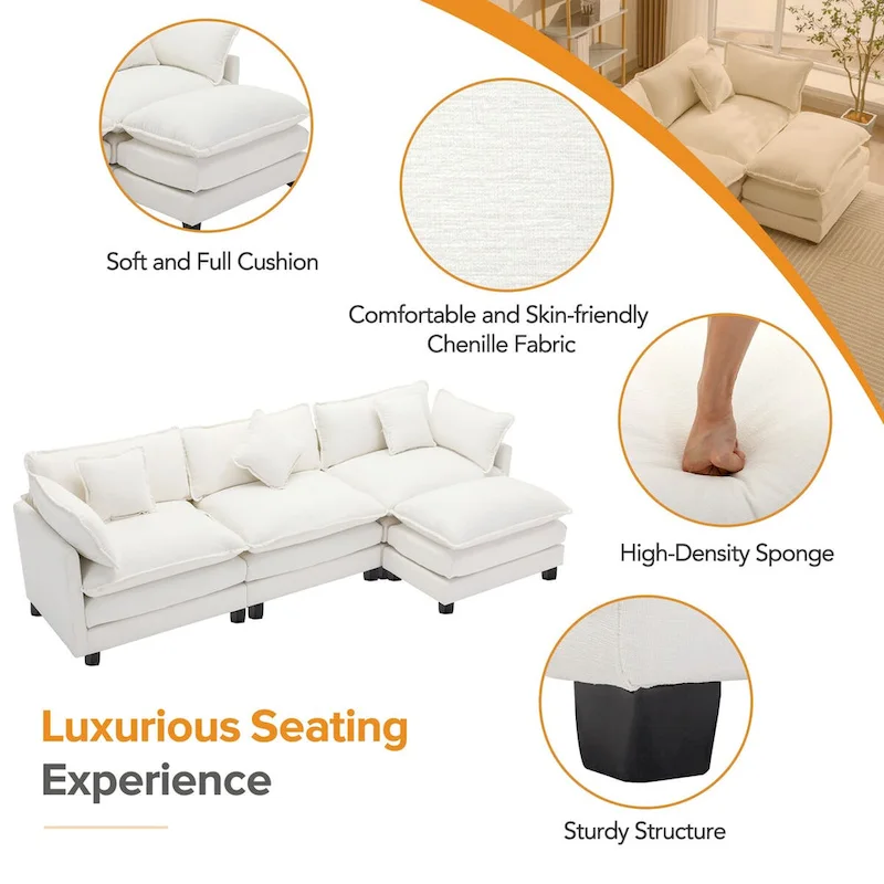L-Shape Chenille Upholstered Sofa with Ottoman