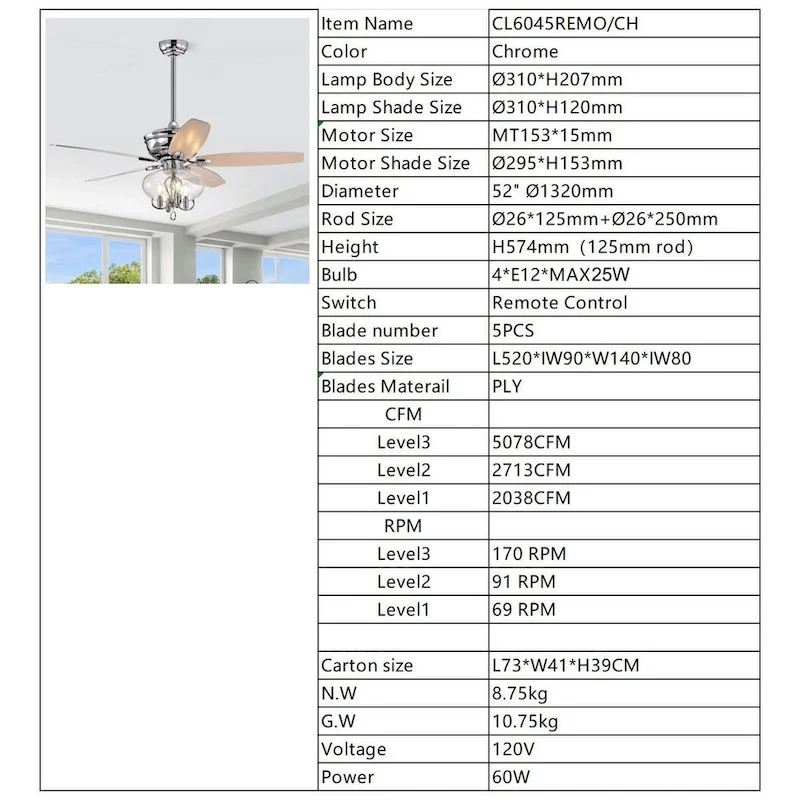 Bella Depot 52  Modern Matte Silver Ceiling Fan with Remote Control and Light Kit, 3-Speed Reversible Blades - 52 Inches