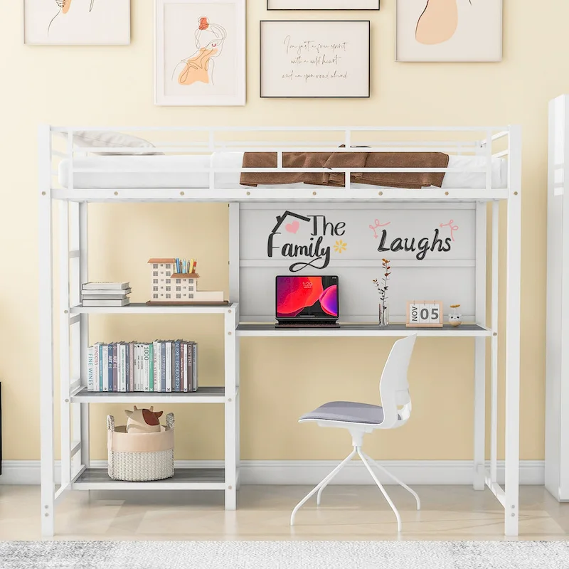 White Twin Size Metal Loft Bed with Desk, Whiteboard, Shelves, and Ladder