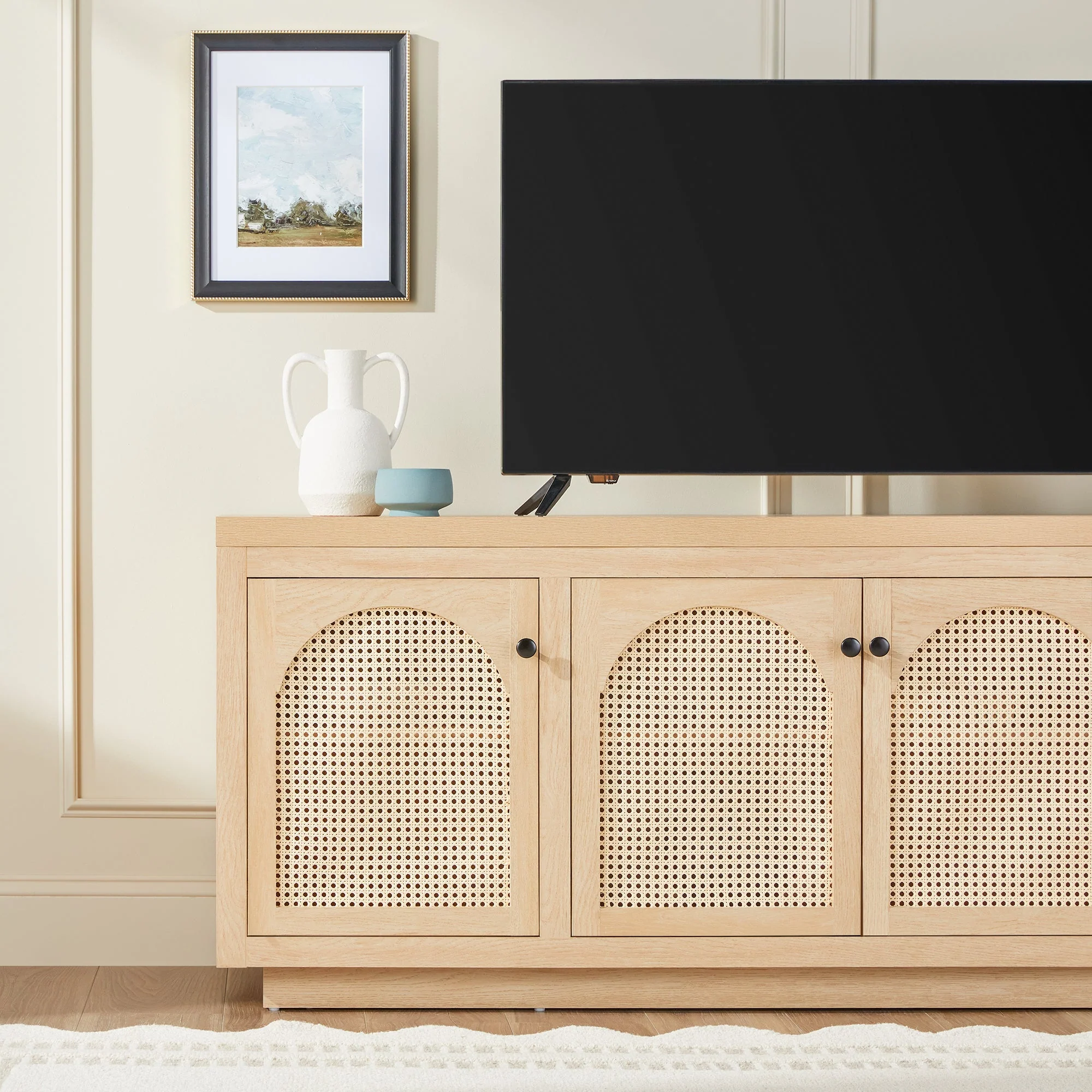 Sasha Contemporary TV Stand and Sideboard with Rattan Doors for up to 80 TV