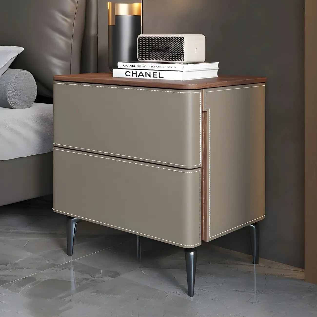 Modern Faux Leather Wood Top Drawers Nightstand