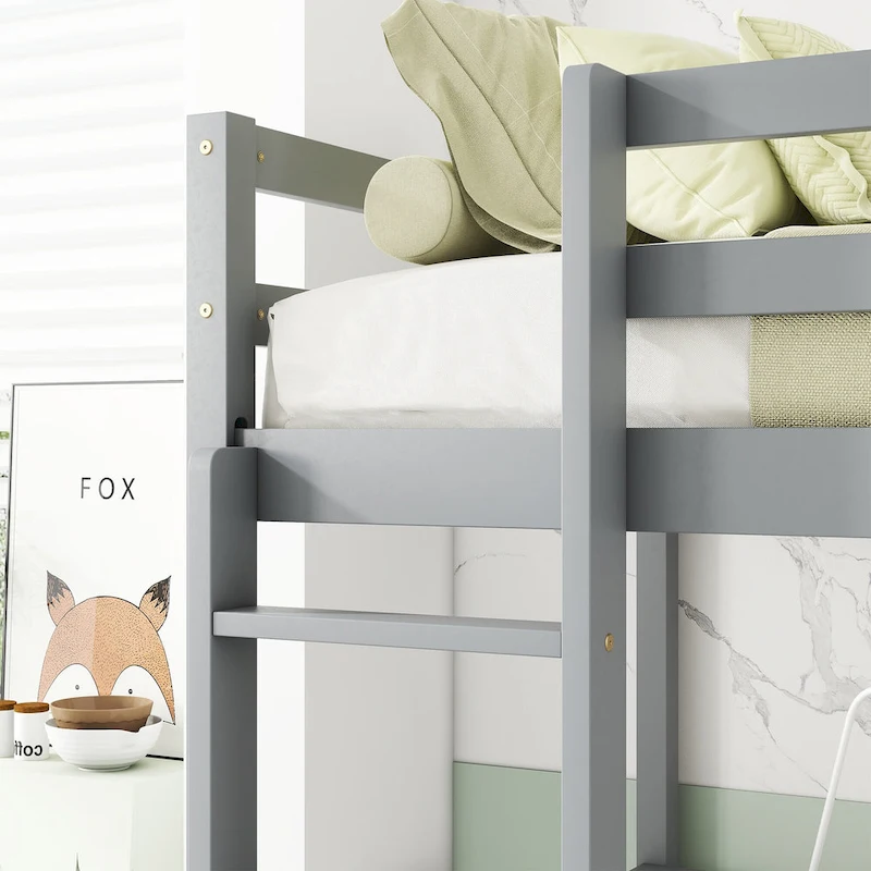 Grey Twin Size Wood Loft Bed with Desk, Storage, and Ladder