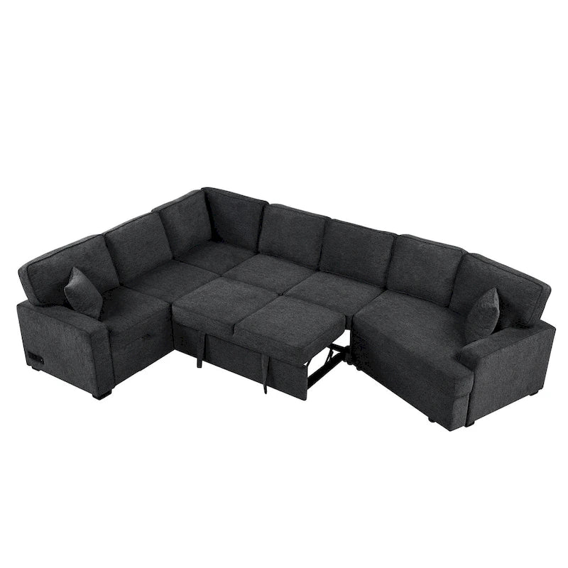 Black 126 L-Shaped 6-Seater Sofa with Pull-Out Bed and Cup Holders