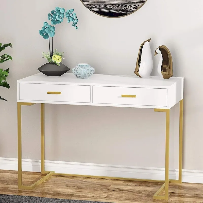 Small Desk with 2 Drawers, MDF Top & Gold Metal Frame, 39.37