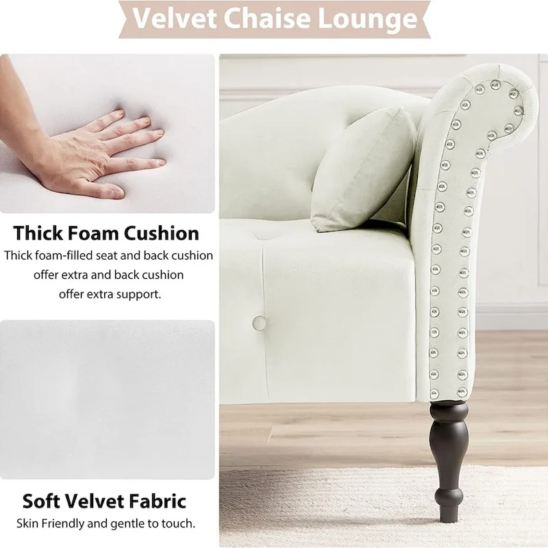 61 Velvet Chaise Lounge Chair with 1 Pillow and Nailhead Trimmed