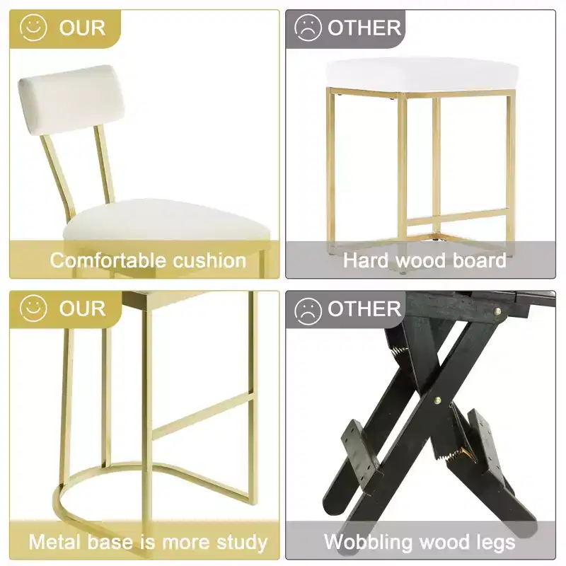 Bar Stools Set of 4, High Back Counter Height Bar Stools with White Velvet Upholstery & Gold Metal Legs, Soft Padded Kitchen Island Stools, Bar Chairs