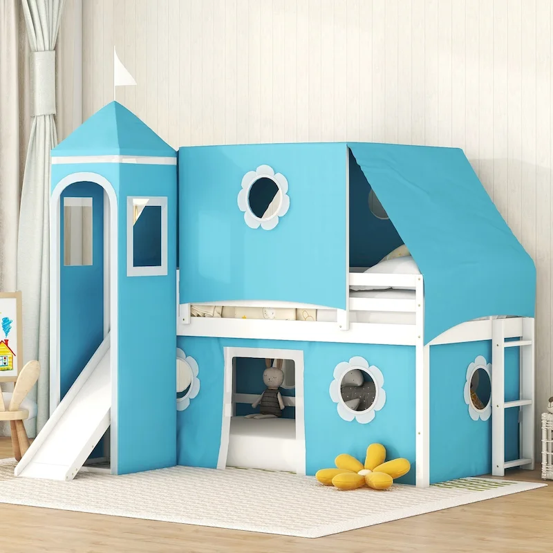 Blue Twin Size Cute Solid Wood House Loft Bed with Slide