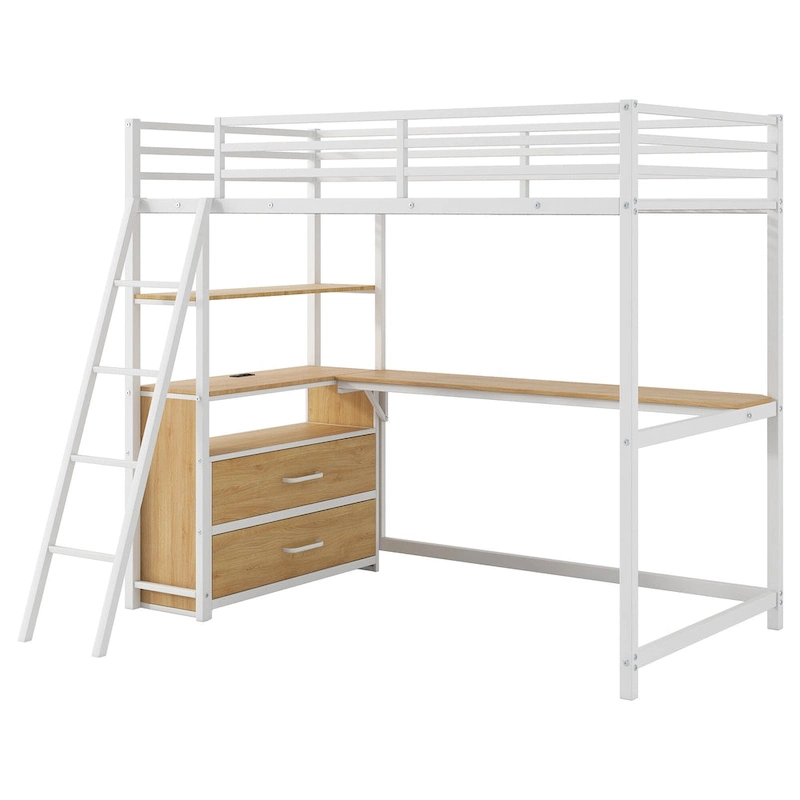 Oak Natural Wood + Antique White Twin Size Metal Wood Loft Bed with Desk, Shelves, LED Light, and USB Charging