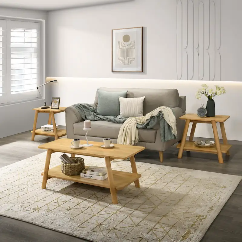 Roundhill Furniture Metz Mid-Century Wood Shelf 3-Piece Coffee Table Set