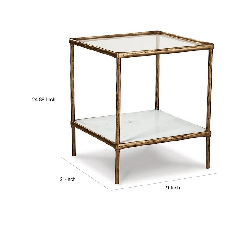 Dalie 25 Inch Accent Table, Square Glass Tabletop, Marble, Antique Gold