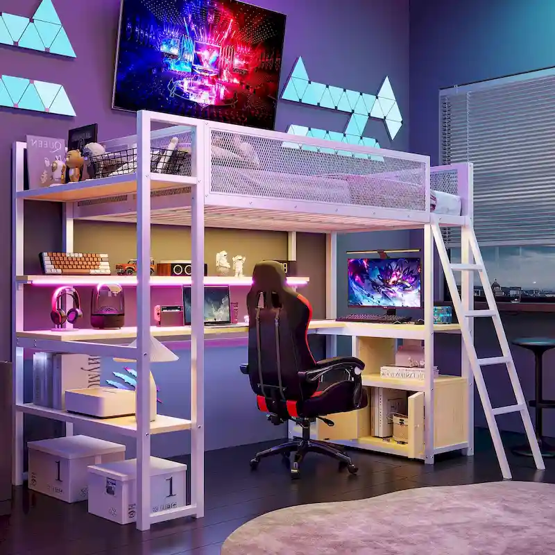 Twin Size Metal Loft Bed with LED Workstation & Smart Storage (350lb Capacity)
