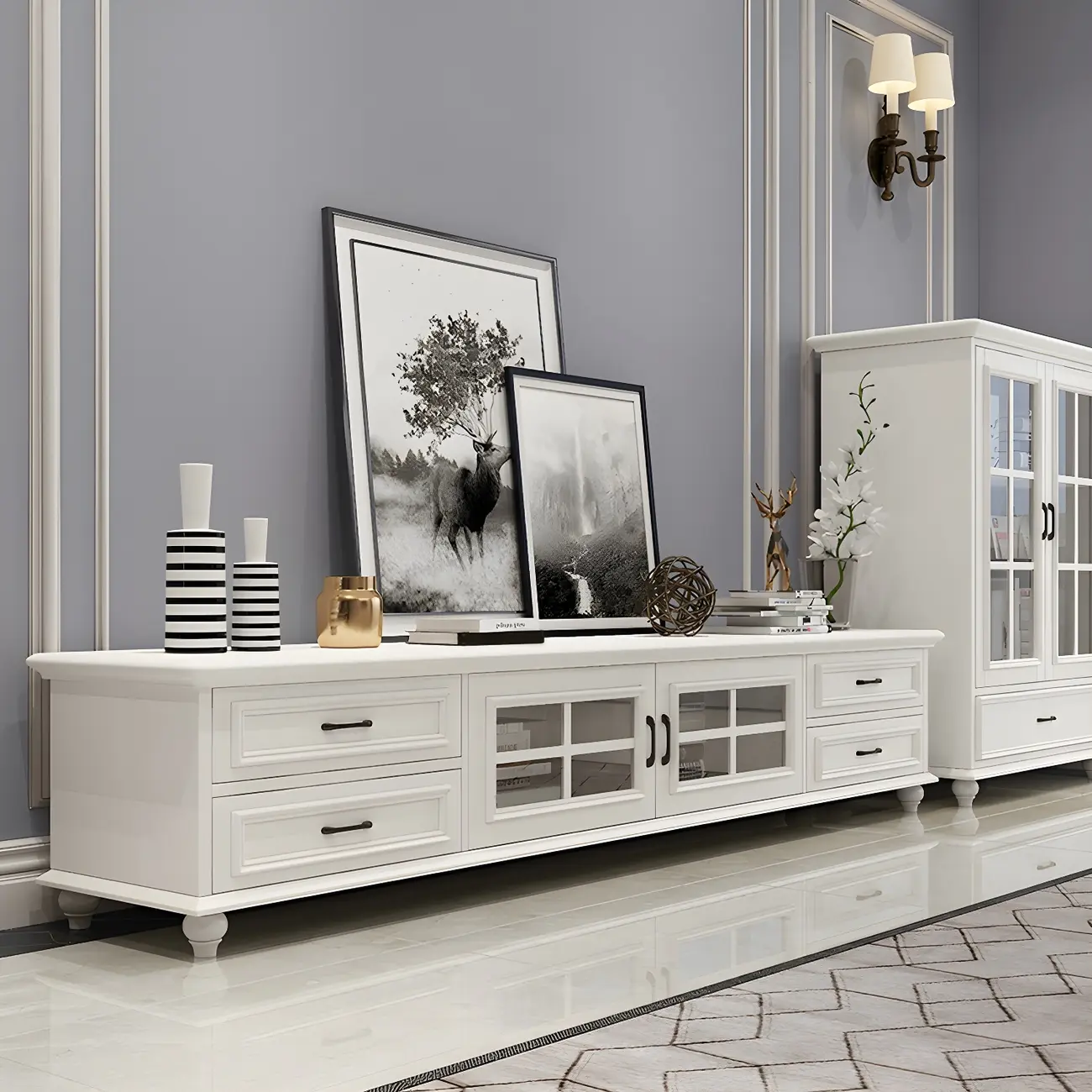 63 Adjustable White Wood TV Stand with Cable Management