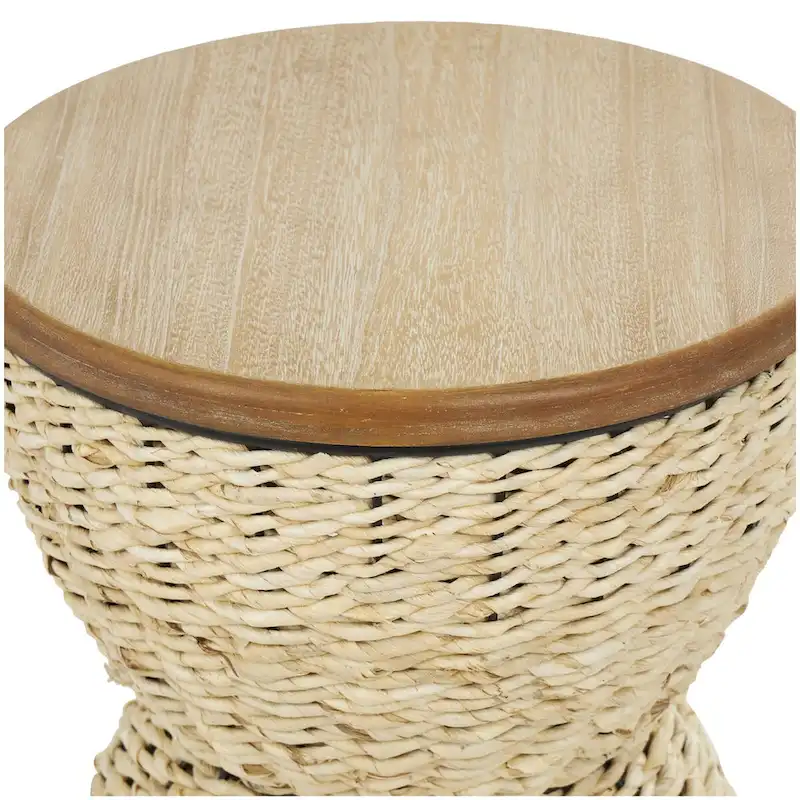 Rattan Handmade Woven Side End Accent Table with Wood Tabletop and Black Frame - Light Brown or Brown