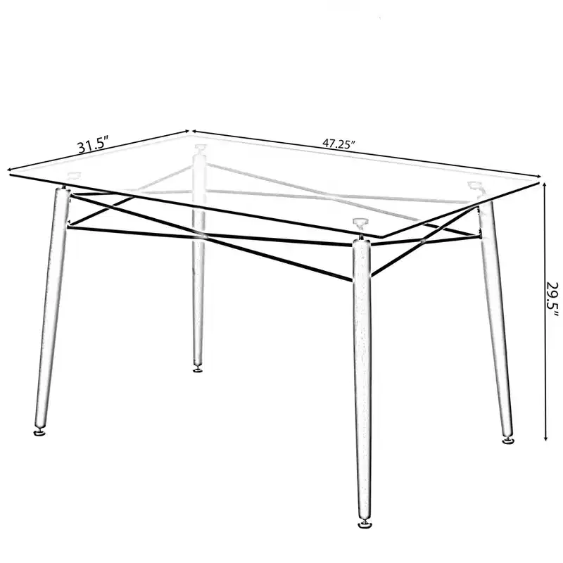Fabulaxe Rectangle Clear Glass Top Accent Dining Table with 4 Beech Metal Frame Solid Wood Legs | Modern Space Saving Small Leisure Tea Desk