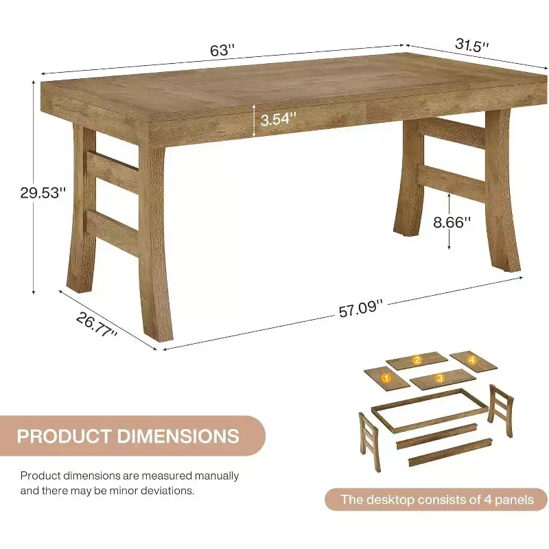 Lantine 63Dining Table for 4-6 People, Rectangular Large Kitchen Dinner Eating Table with Sturdy Legs for Kitchen, Dining Room, Light Brown