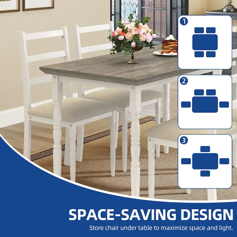 Farmhouse Dining Table Set with 4 Chairs Rectangular Dining Set Roman Column Style Kitchen