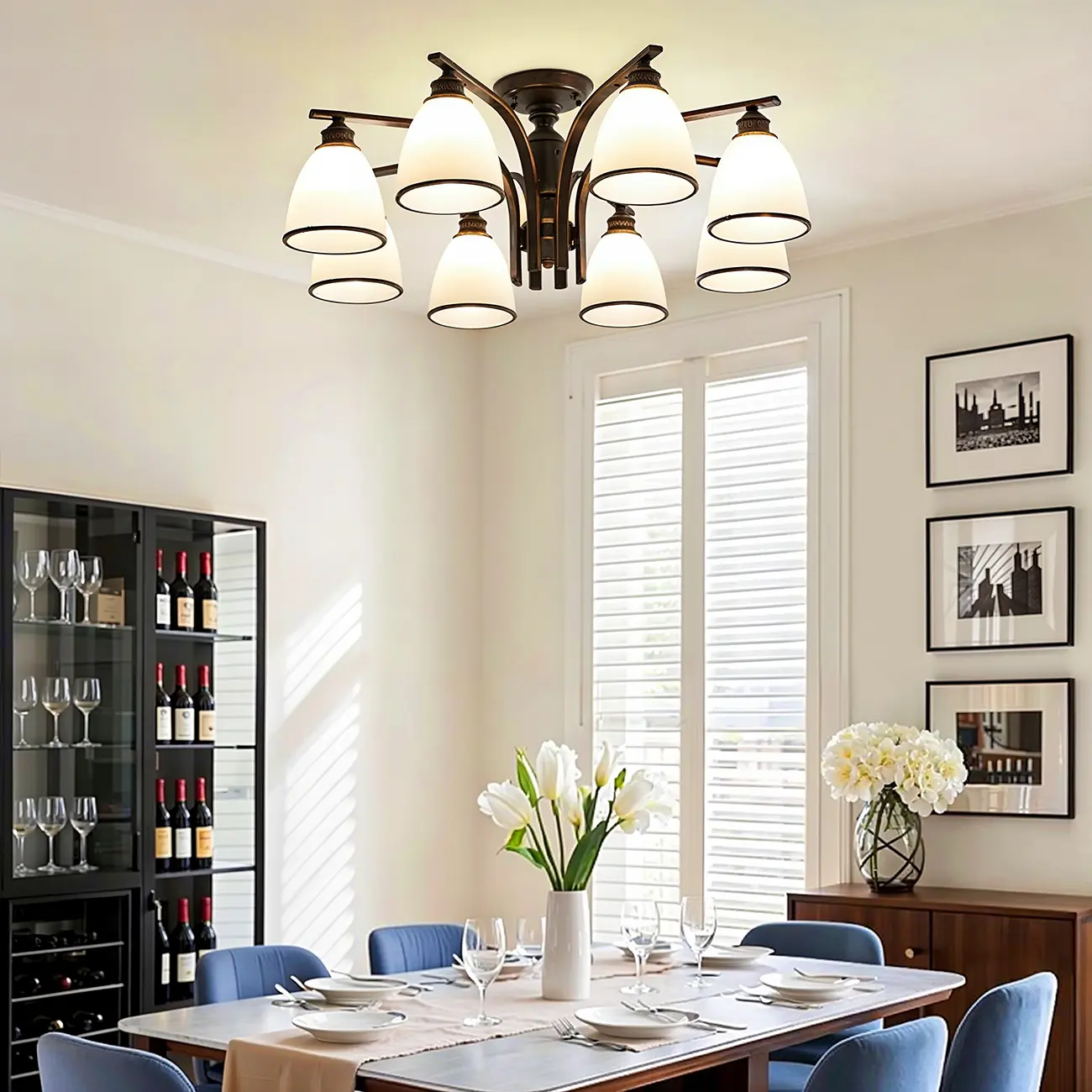 Traditional Black Down Bell Frosted Glass Semi Flush Mount Light