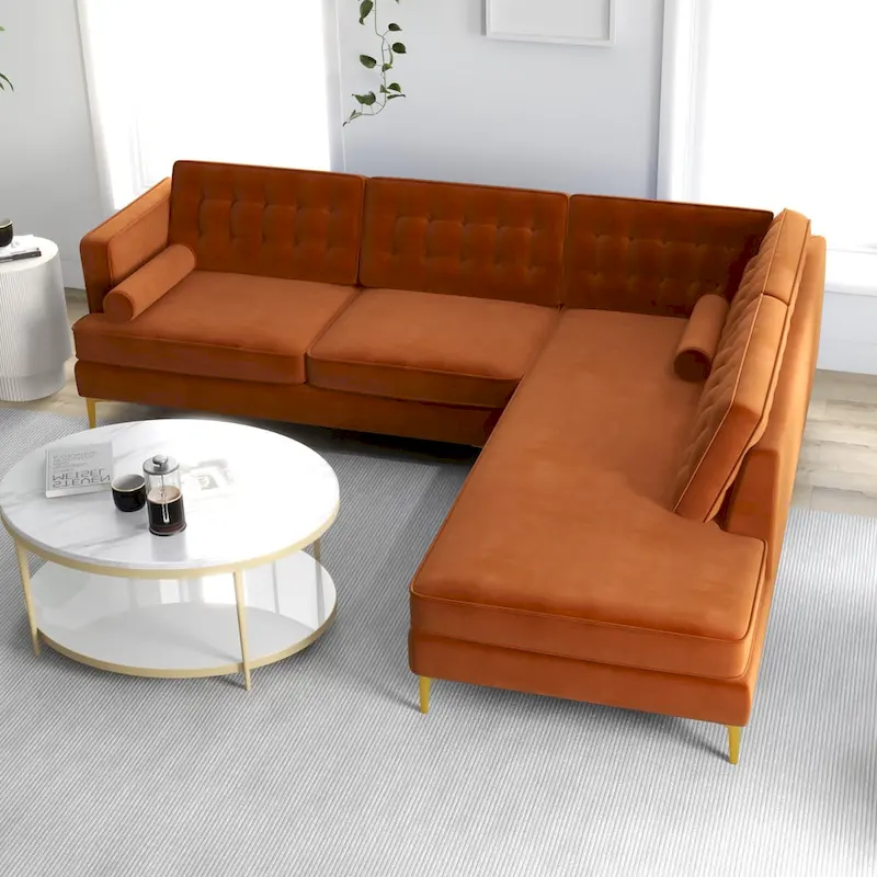 Caterina Modern Living Room Tufted Velvet Corner Sectional Sofa in Orange