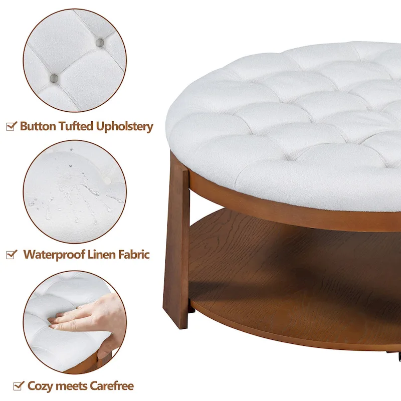 36  Round Button Tufted Upholstered Coffee Table with Wood Shelf and Wheel
