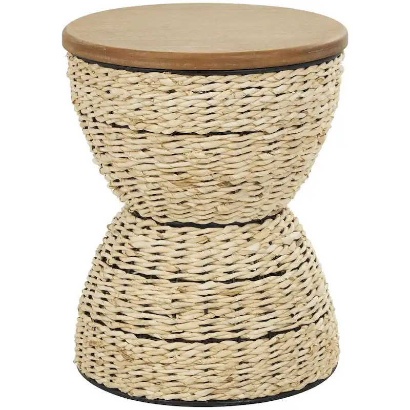 Rattan Handmade Woven Side End Accent Table with Wood Tabletop and Black Frame - Light Brown or Brown - Roche River Decor