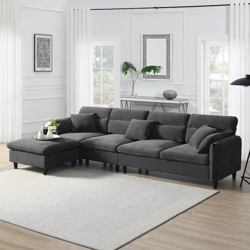 110  Modern L-Shaped Convertible 5-Seat Sectional Sofa with Removable Ottoman and 5 Cushions, Plush Chenille Fabric