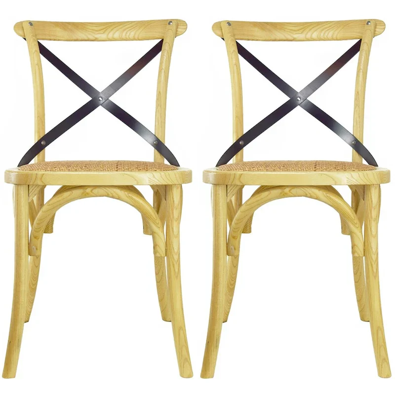 Set of 2 Wood Antique Farmhouse Cross Back Dining Chairs Rattan With X Back Dark Bedroom Restaurants Hotel