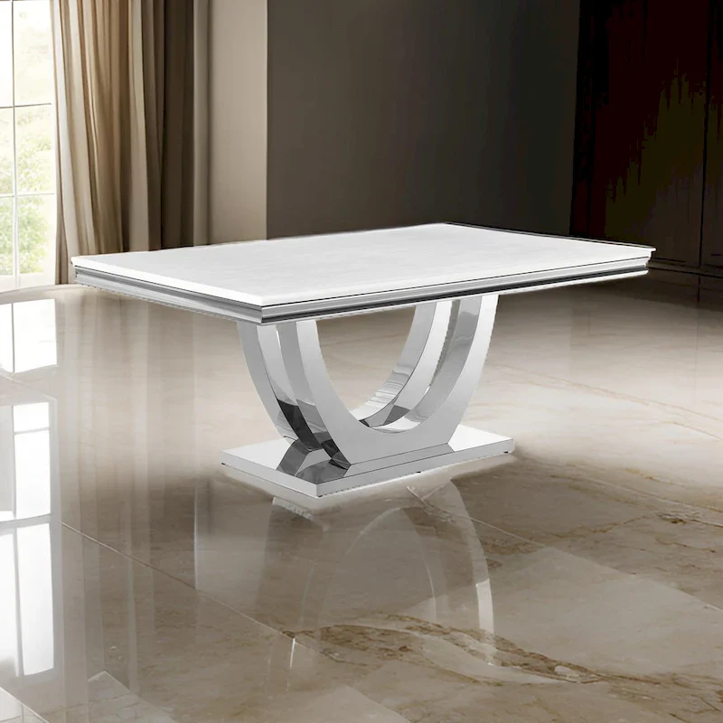 71 Inch Dining Table, Rectangular White Faux Marble Top, Pedestal Base