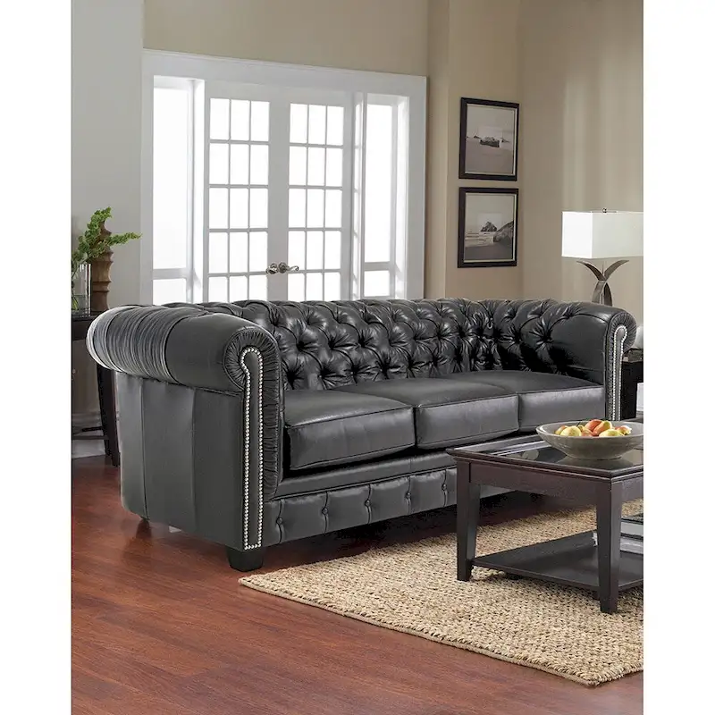 Hancock Tufted Black Italian Chesterfield Leather Sofa