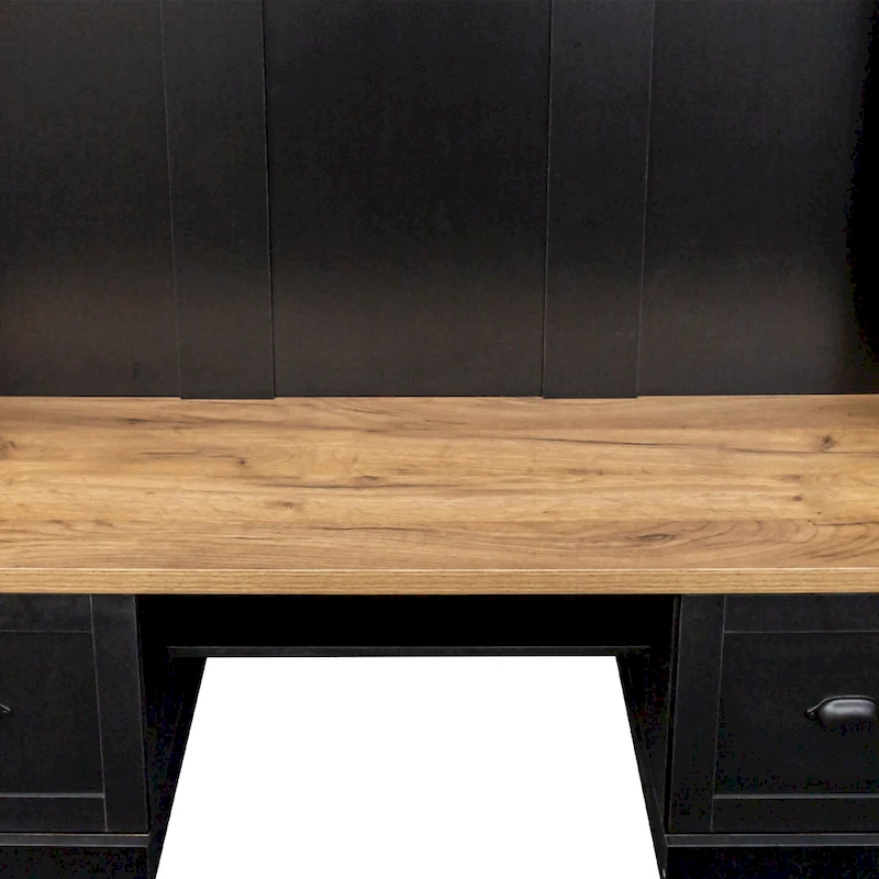 Farmhouse Hall Tree with Wood Grain Bench, Hooks and Bottom Cabinets