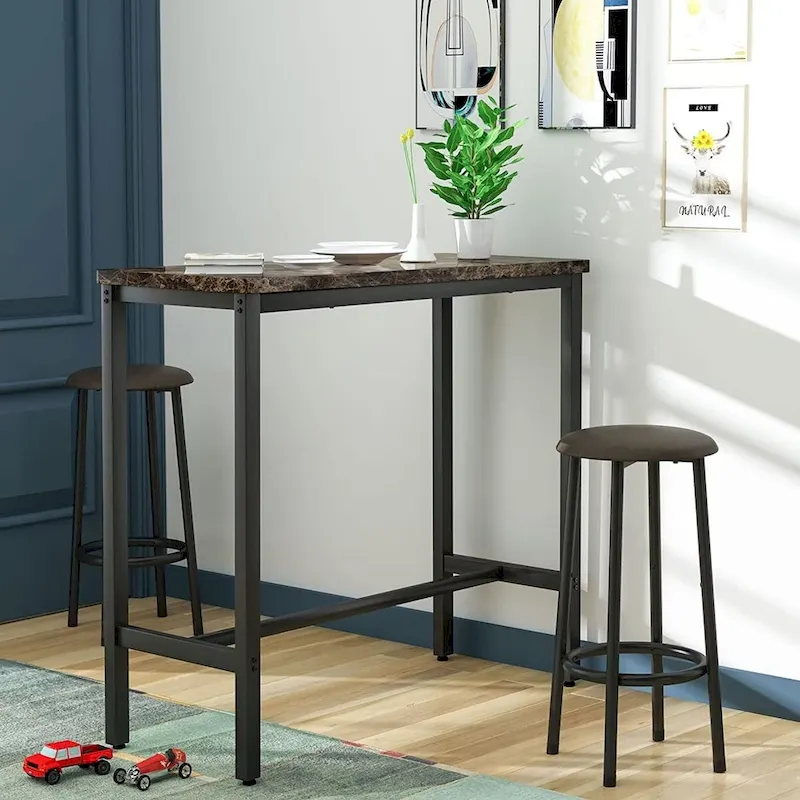 3 Piece Kitchen Pub Dining Set, Modern Faux Marble Counter Height Bistro Bar Table Set with 2 PU Leather Bar Stools