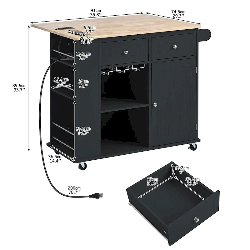 Adjustable Shelves Kitchen Island with Power Outlet and Drop Leaf