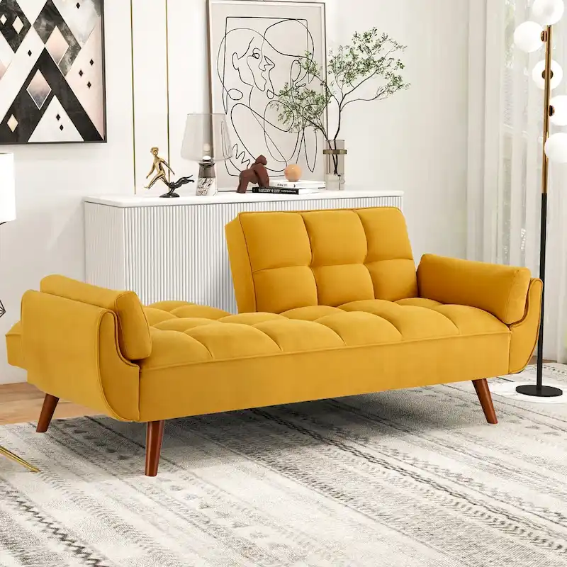 Futon Sofa Bed, Convertible Folding Futon Couch Recliner Lounge For Living Room With 2 Pillow/Armrest