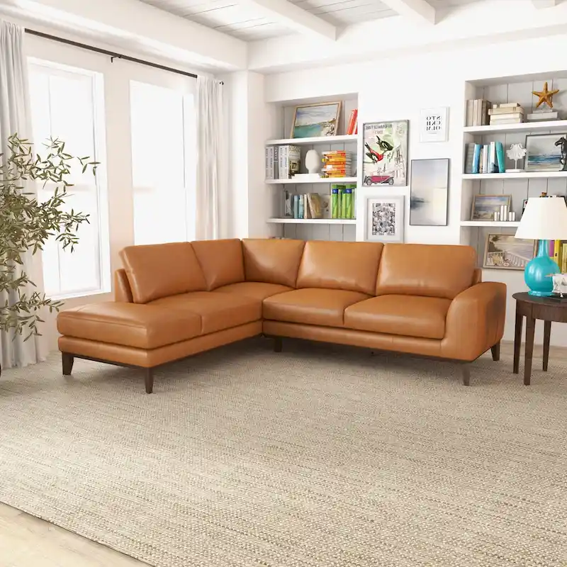 Miama Living Room Full Grain Genuine Leather Best Sectional Couch in Cognac Tan
