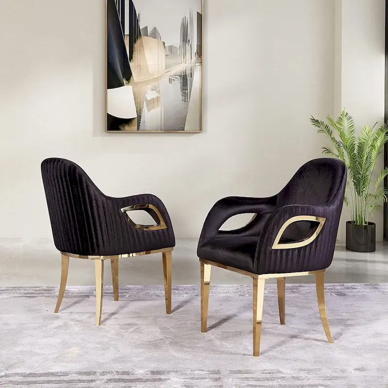 Armchairs Velvet Upholstered Side Chairs with Fox-EyeArmrests and Mirror Stainless Steel Legs