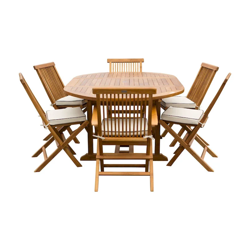 Chic Teak 7 Piece Teak Wood Miami Patio Dining Set with Round to Oval Extension Table, 2 Arm Chairs and 4 Side Chairs