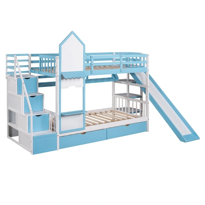 Twin-Over-Twin Castle Style Bunk Bed with Drawers,Shelves,Slide