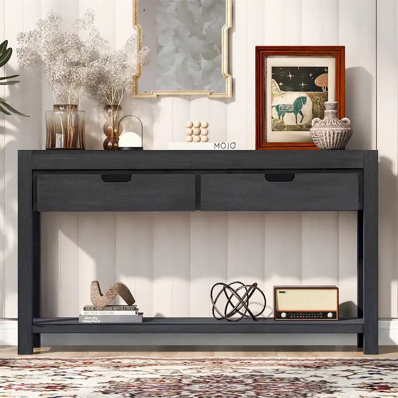 Wood Console Table with 2 Drawers and 1 Shelf for Hallway Living Room