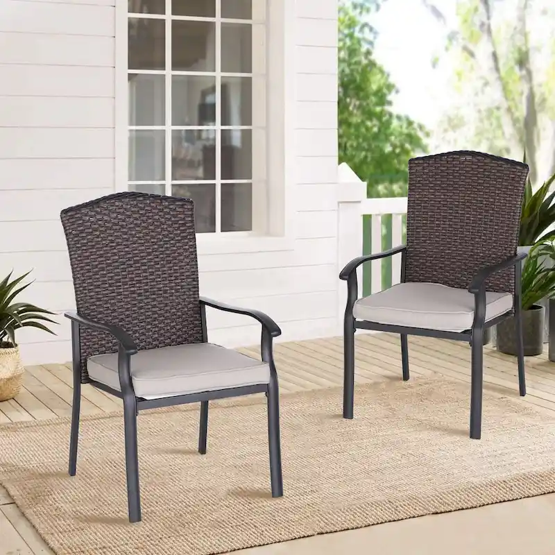 Patio Rattan Wicker Fixed Armrest Dining Chair with CushionSet of 2/4/6