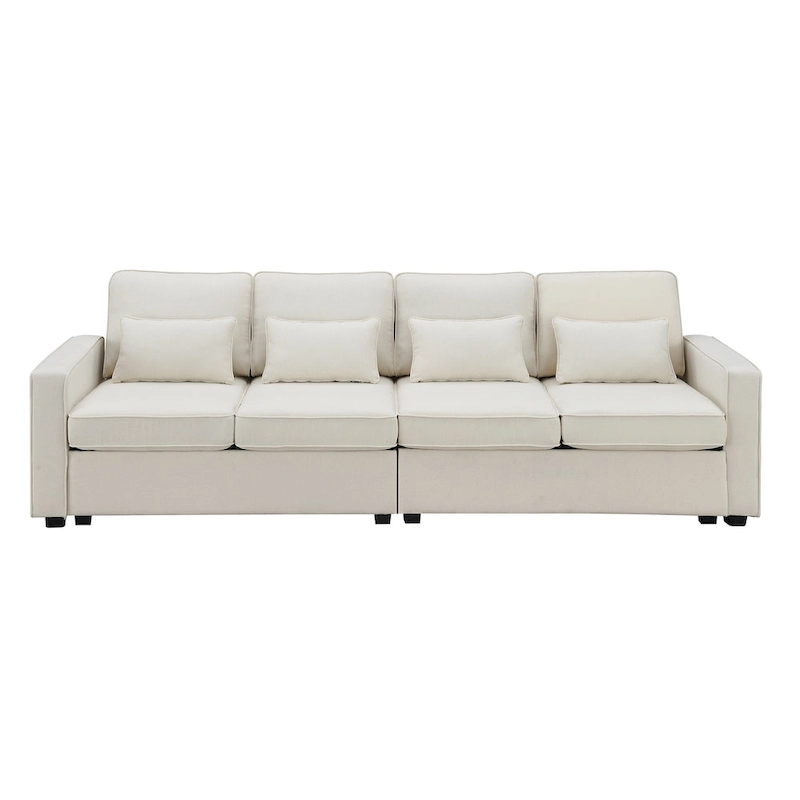 4-Seater Modern Linen Fabric Sofa with Armrest Pockets and 4 Pillows