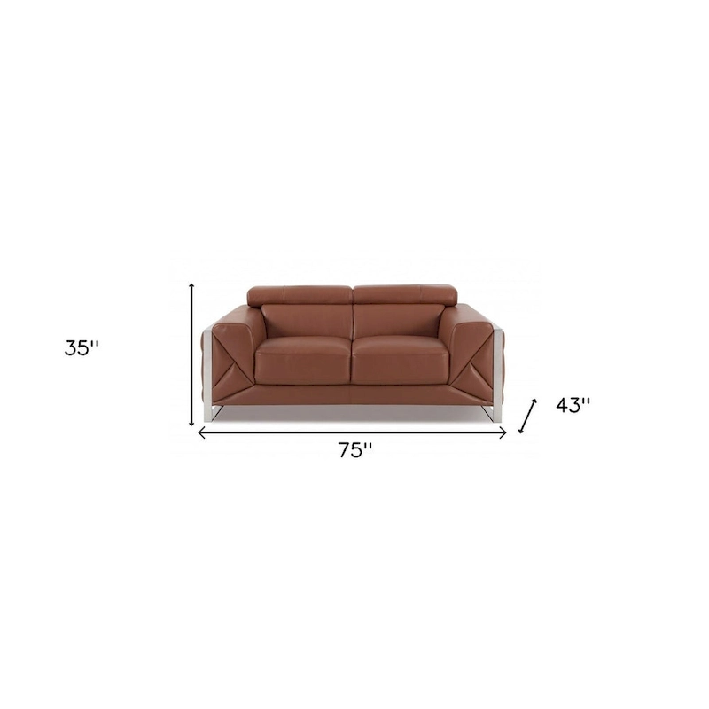 HomeRoots 75 Camel And Silver Italian Leather Loveseat