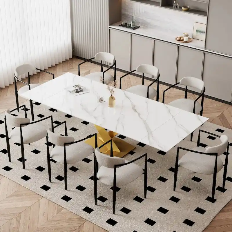 9-Piece Extendable Sintered Stone Dining Set with 8 Fabric Chairs - 94.48